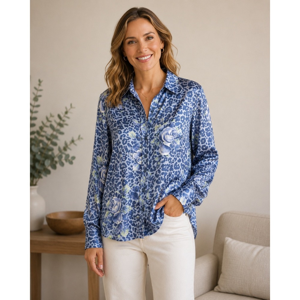 Vintage Y2K Spiegel 100% Silk Blouse Women 4 Blue Leopard Floral Print Luxury